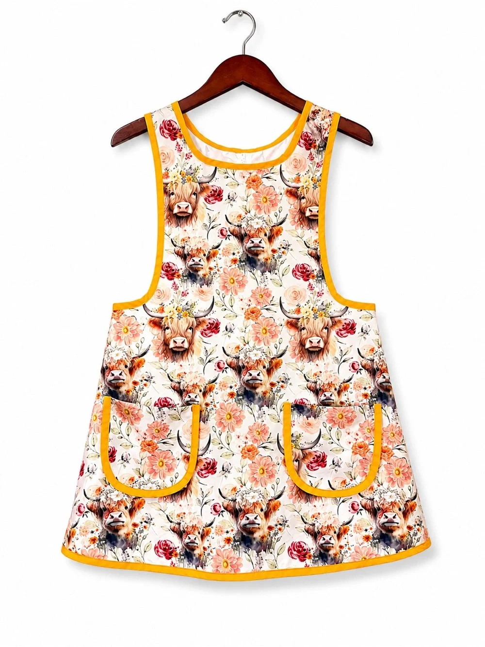 Handmade Highland Cow Floral Apron Farmhouse Kitchen Cooking Gardening Gift OS